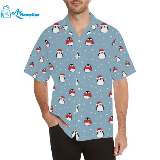 Cute Penguin Christmas Snow Pattern Mens All Over Print Hawaiian Shirt