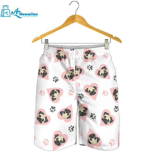 Cute Pugs Pink Heart Paw Pattern Men Shorts