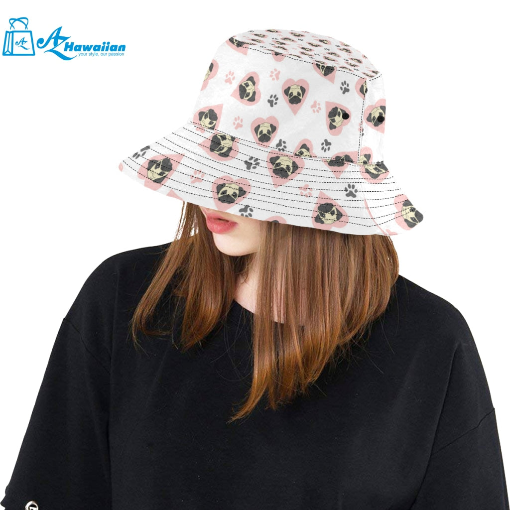 Cute pugs pink heart paw pattern Unisex Bucket Hat