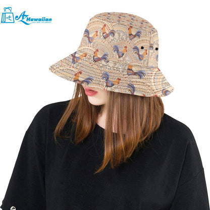 Cute rooster chicken cock floral ornament backgrou Unisex Bucket Hat