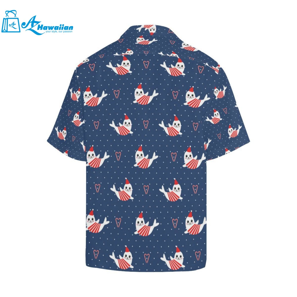 Cute Sea Lion Seal Christmas Hat Candy Cane Heart Mens All Over Print Hawaiian Shirt