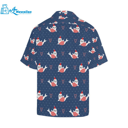 Cute Sea Lion Seal Christmas Hat Candy Cane Heart Mens All Over Print Hawaiian Shirt