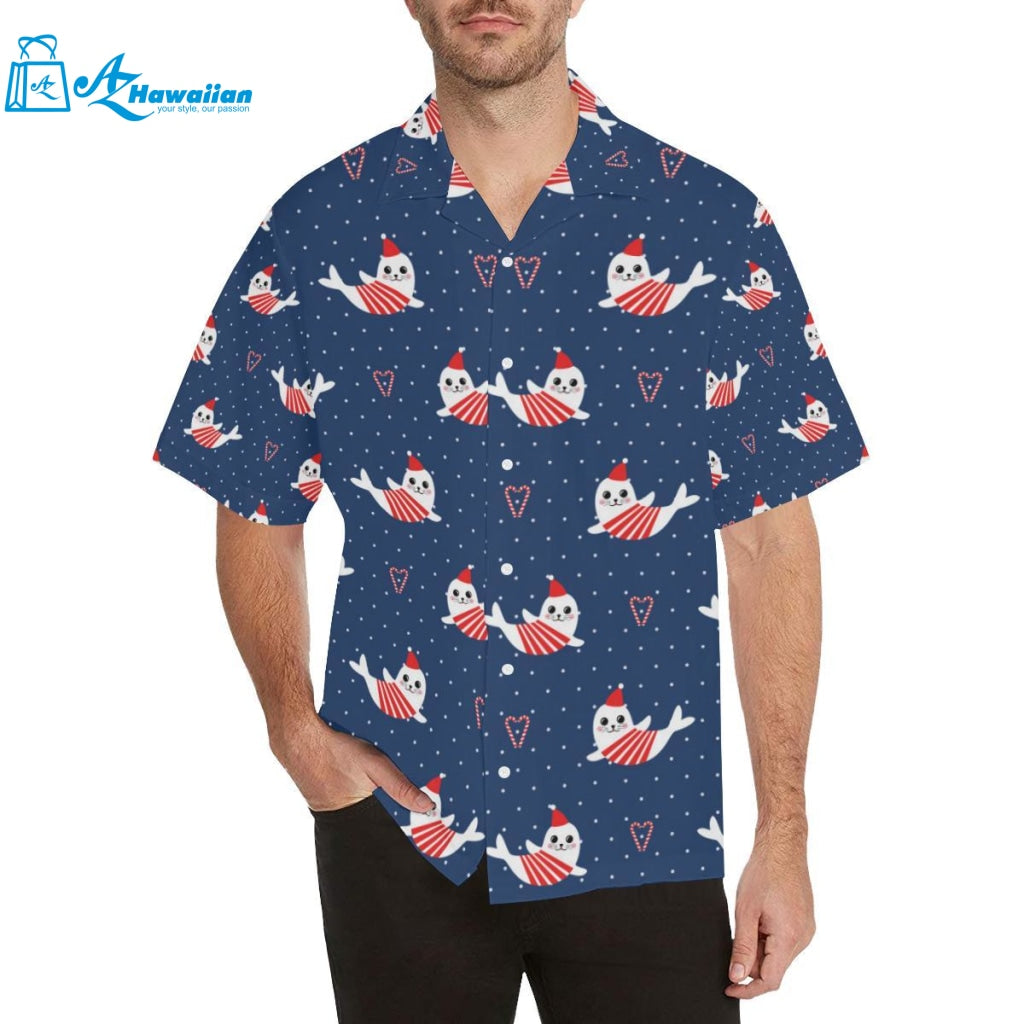 Cute Sea Lion Seal Christmas Hat Candy Cane Heart Mens All Over Print Hawaiian Shirt