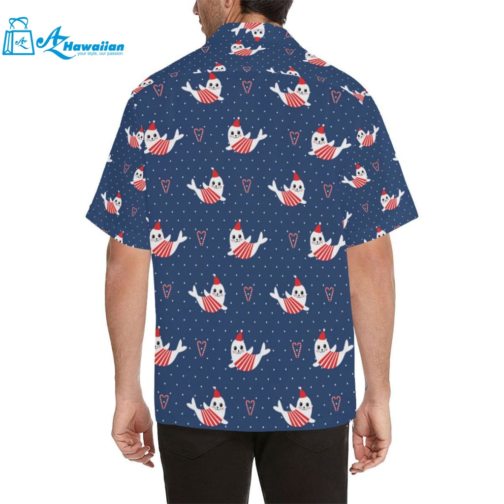 Cute Sea Lion Seal Christmas Hat Candy Cane Heart Mens All Over Print Hawaiian Shirt