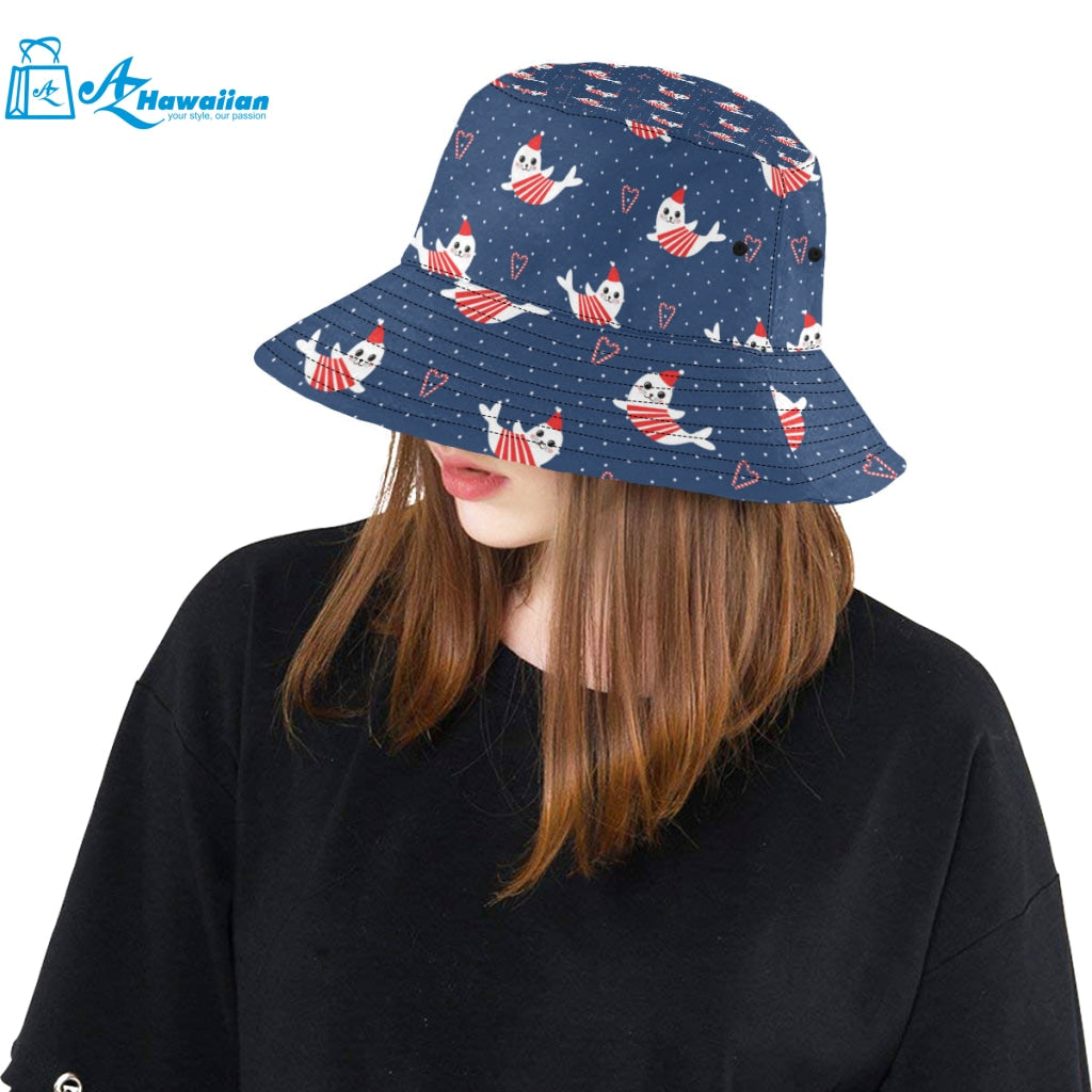 Cute sea lion seal christmas hat candy cane heart Unisex Bucket Hat