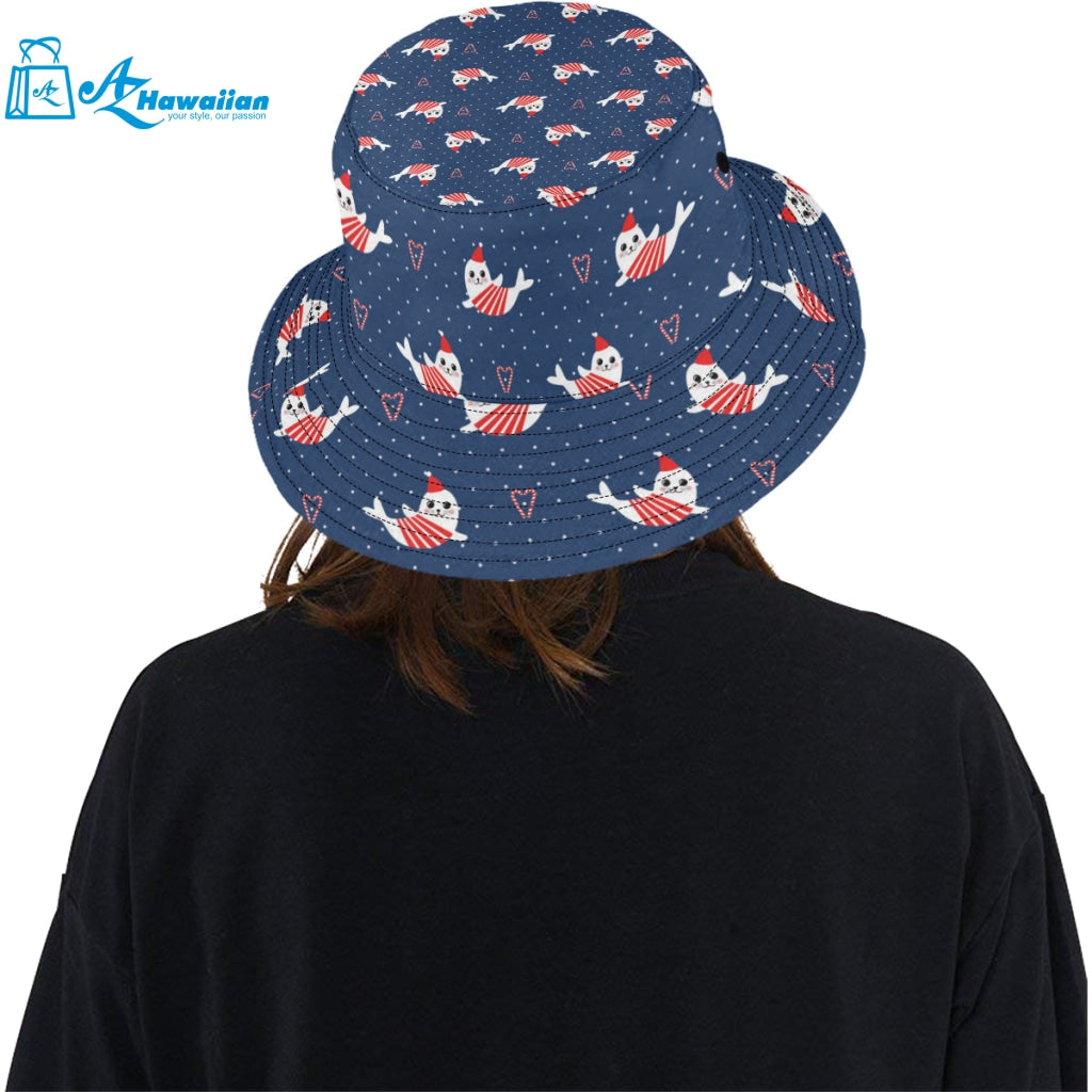 Cute sea lion seal christmas hat candy cane heart Unisex Bucket Hat