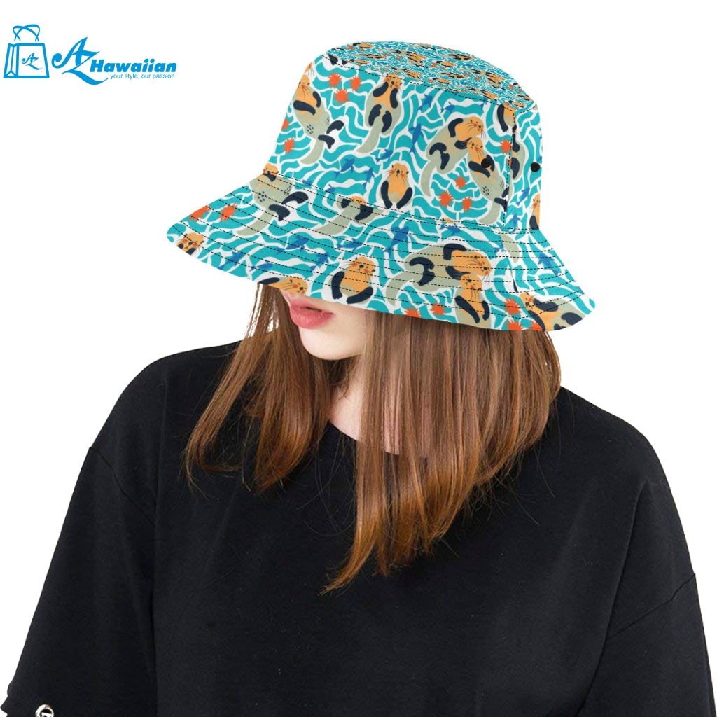 Cute sea otters fishe sea urchin pattern Unisex Bucket Hat