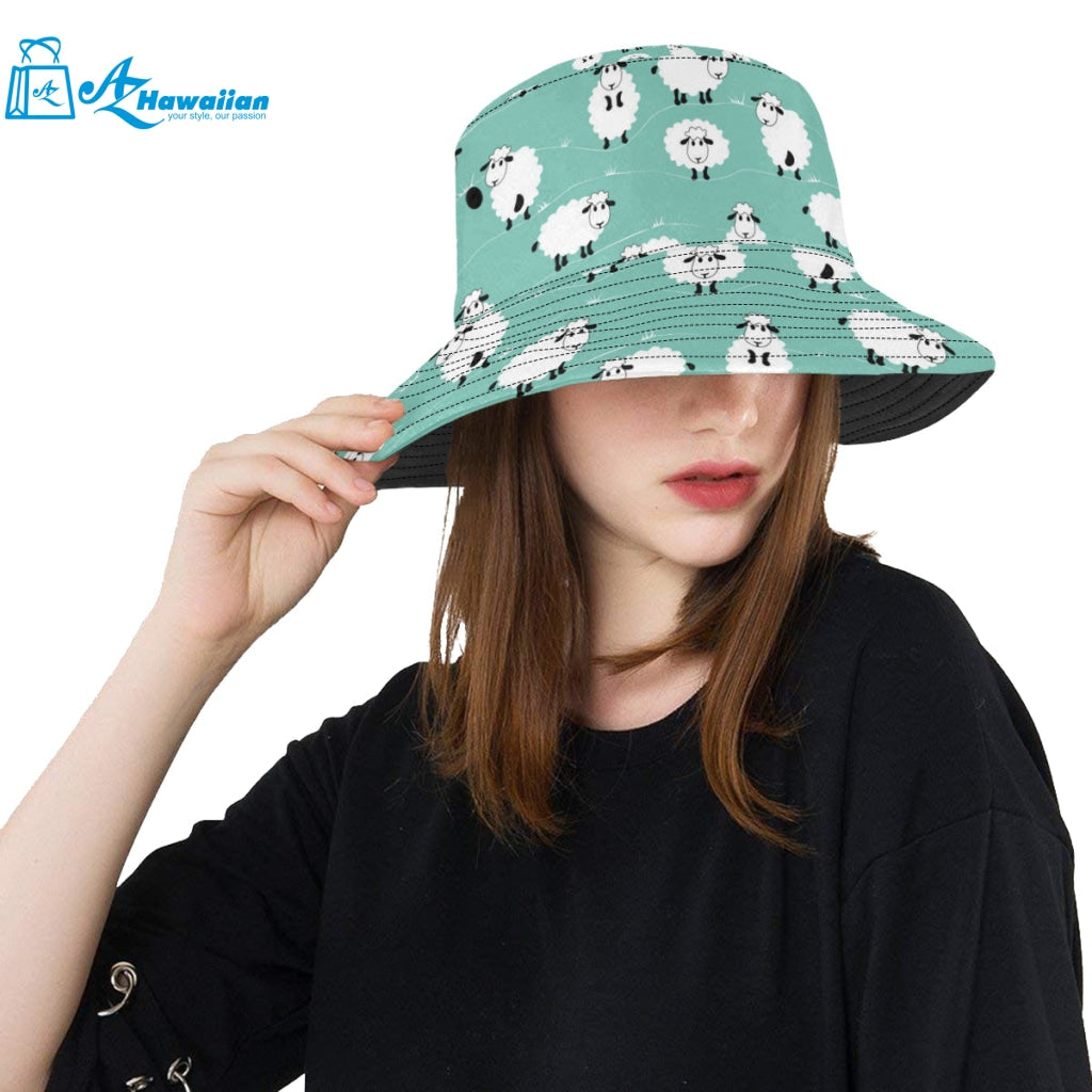 Cute sheep green background Unisex Bucket Hat