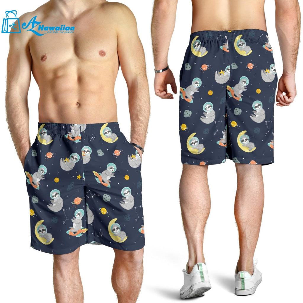 Cute Sloth Astronaut Star Planet Rocket Pattern Men Shorts