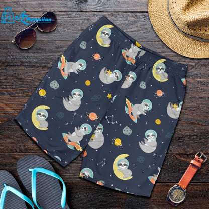 Cute Sloth Astronaut Star Planet Rocket Pattern Men Shorts