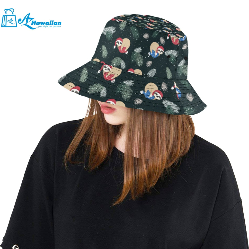 Cute sloths sleeping christmas ball santa hat patt Unisex Bucket Hat