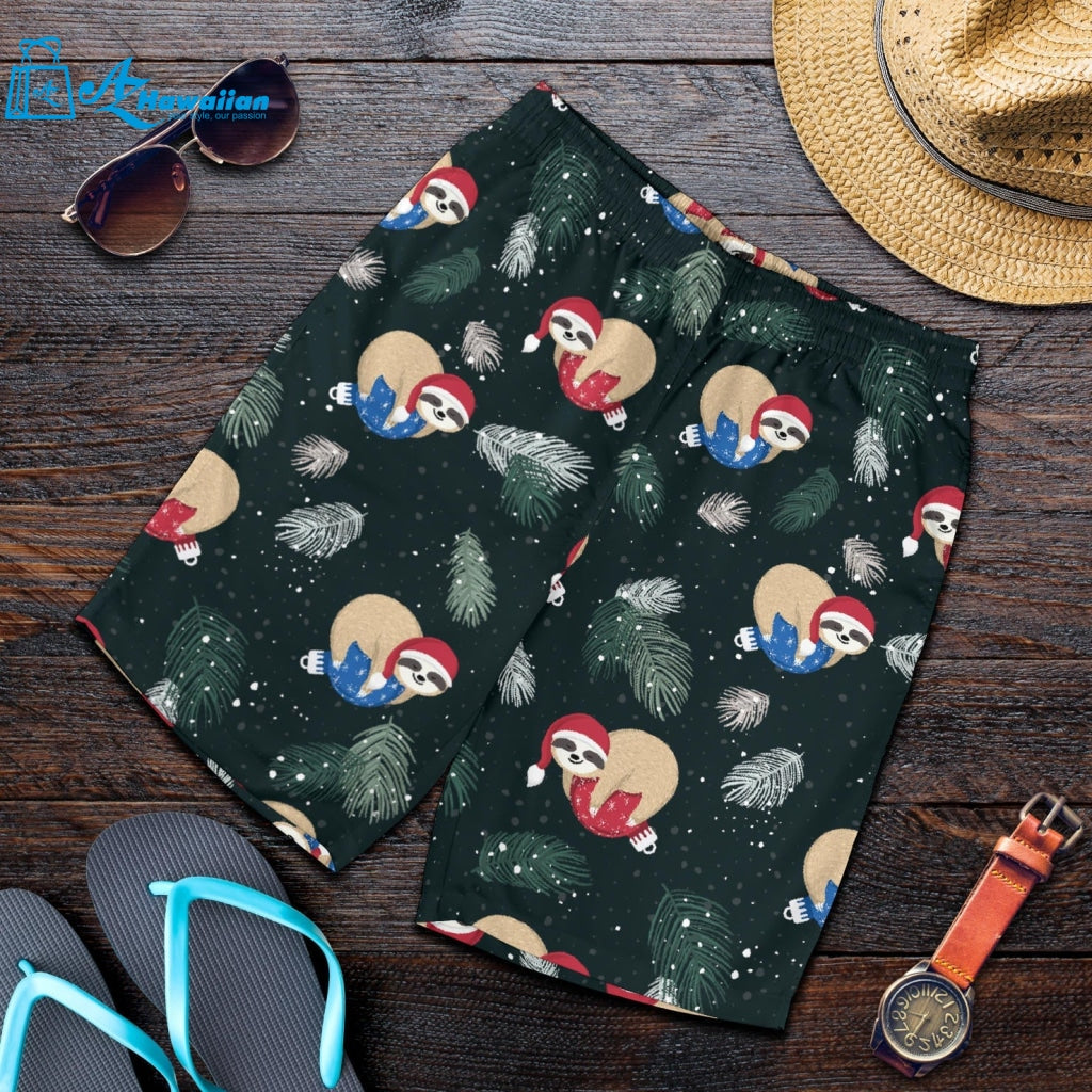 Cute Sloths Sleeping Christmas Ball Santa Hat Pattern Men Shorts