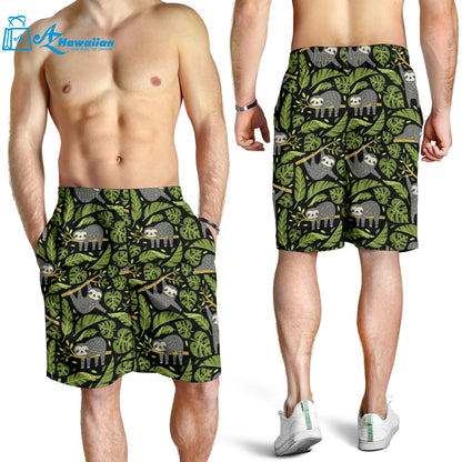 Cute Sloths Tropical Palm Leaves Black Background Men Shorts