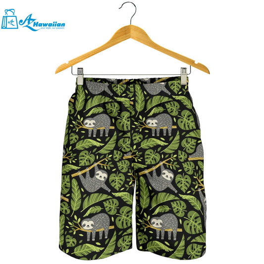 Cute Sloths Tropical Palm Leaves Black Background Men Shorts