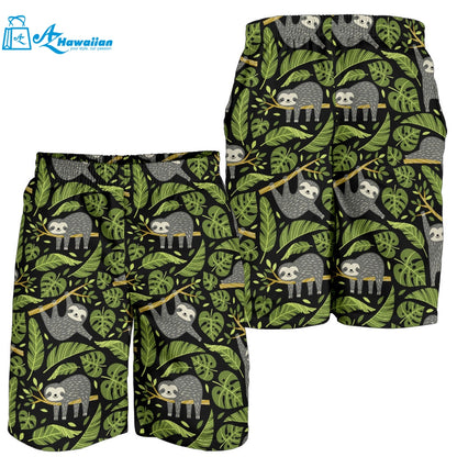 Cute Sloths Tropical Palm Leaves Black Background Men Shorts