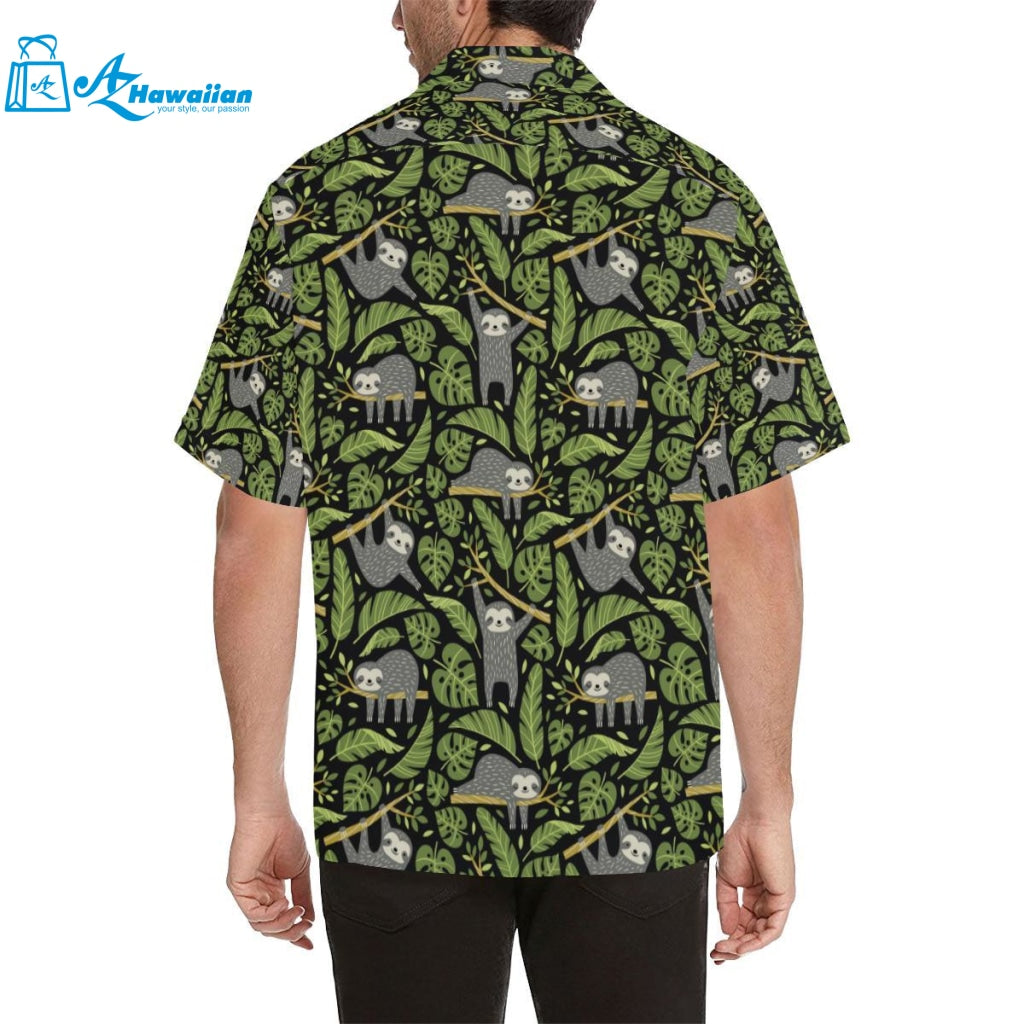 Cute Sloths Tropical Palm Leaves Black Background Mens All Over Print Hawaiian Shirt