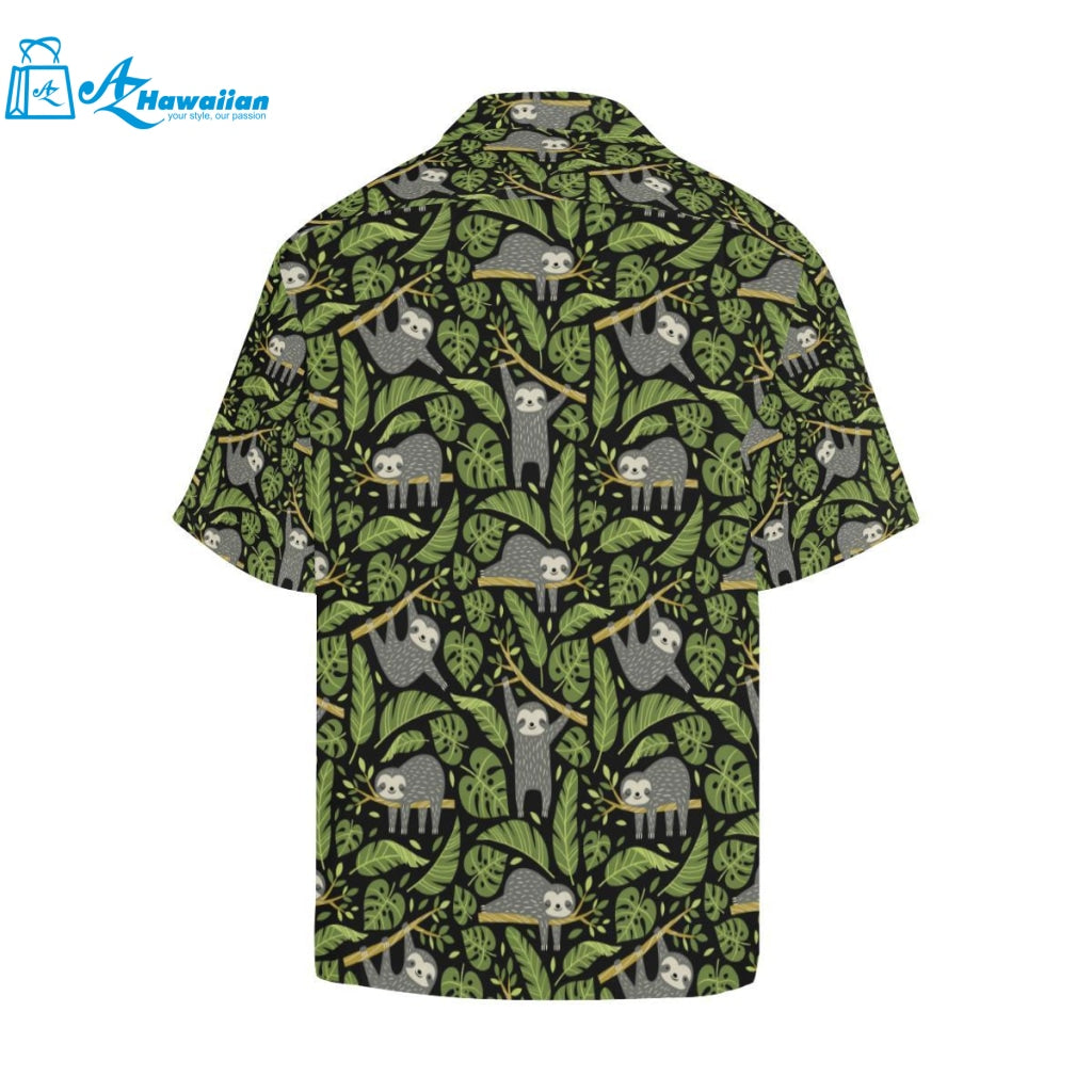 Cute Sloths Tropical Palm Leaves Black Background Mens All Over Print Hawaiian Shirt