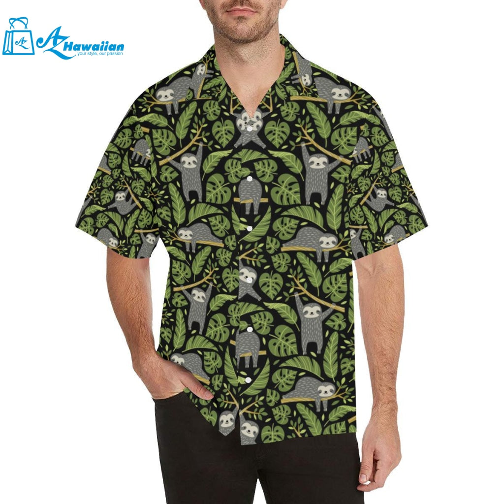 Cute Sloths Tropical Palm Leaves Black Background Mens All Over Print Hawaiian Shirt