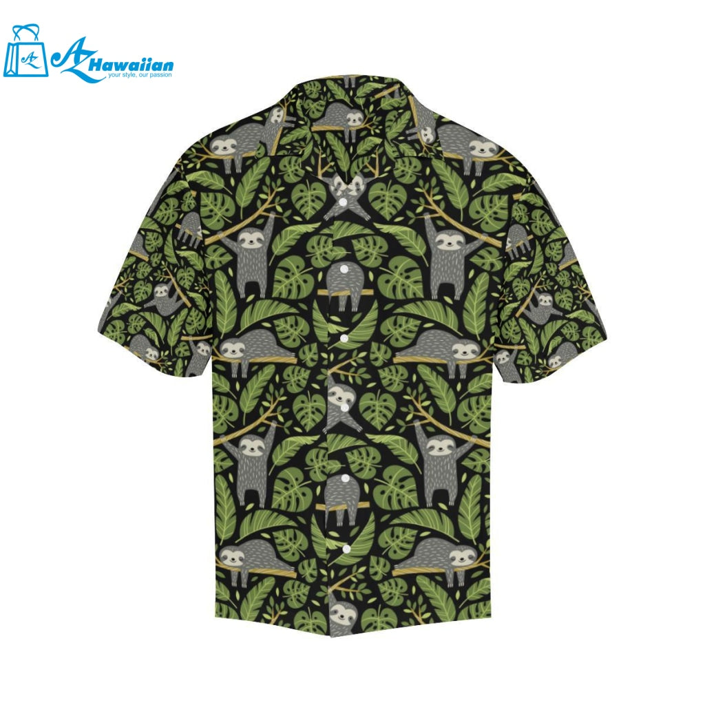 Cute Sloths Tropical Palm Leaves Black Background Mens All Over Print Hawaiian Shirt