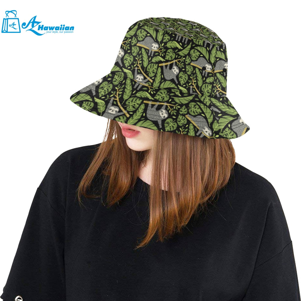 Cute sloths tropical palm leaves black background Unisex Bucket Hat