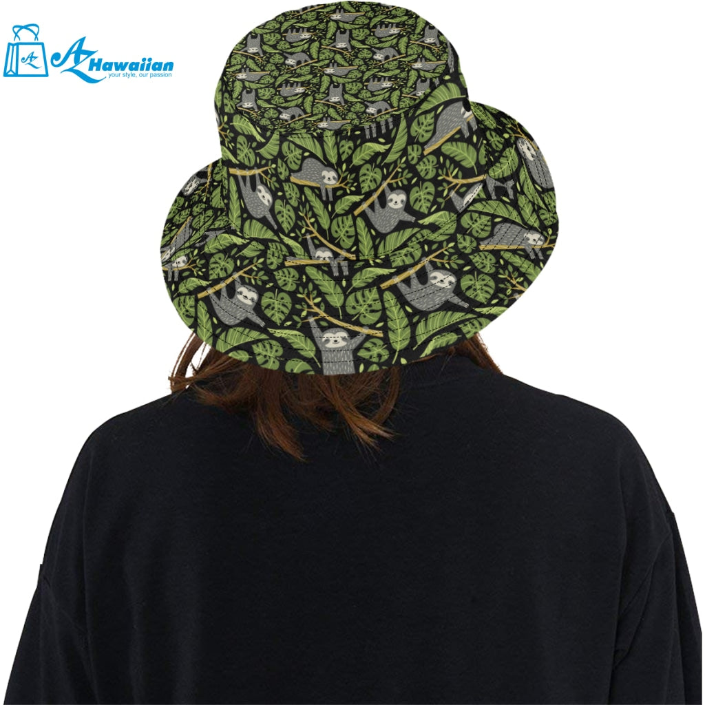 Cute sloths tropical palm leaves black background Unisex Bucket Hat