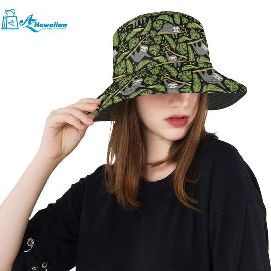 Cute sloths tropical palm leaves black background Unisex Bucket Hat