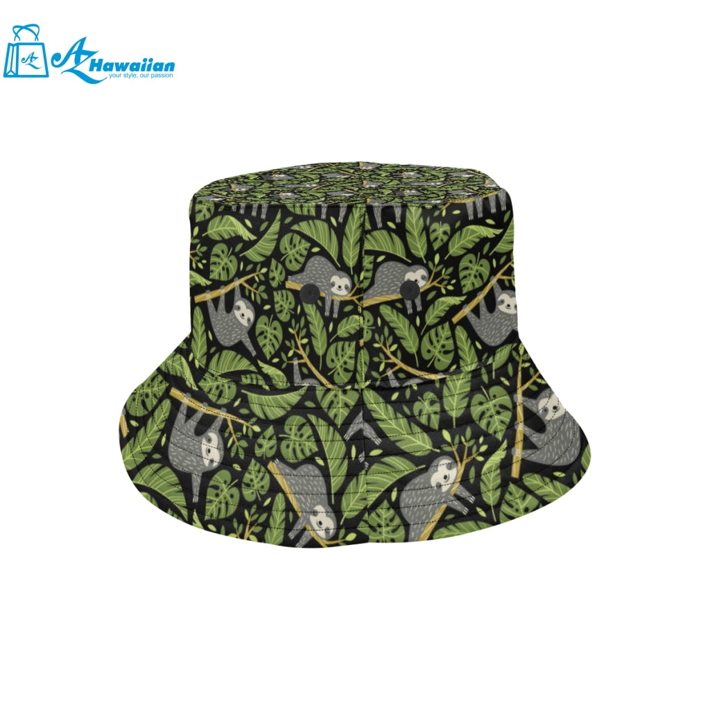 Cute sloths tropical palm leaves black background Unisex Bucket Hat