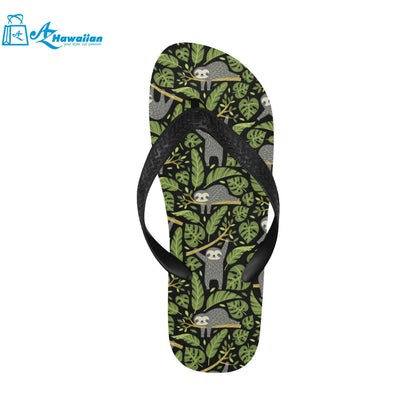 Cute sloths tropical palm leaves black background Unisex Flip Flops