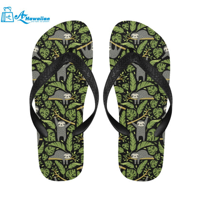 Cute sloths tropical palm leaves black background Unisex Flip Flops