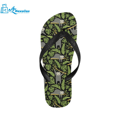 Cute sloths tropical palm leaves black background Unisex Flip Flops