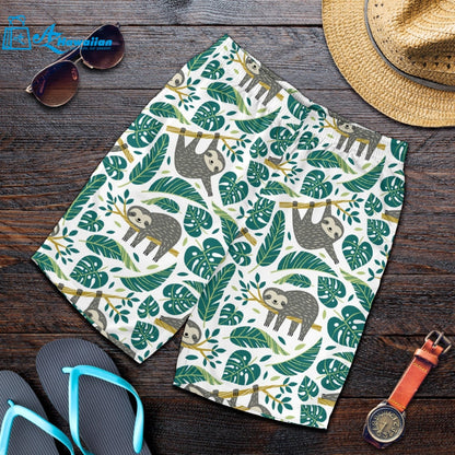 Cute Sloths Tropical Palm Leaves White Background Men Shorts