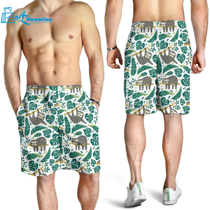 Cute Sloths Tropical Palm Leaves White Background Men Shorts