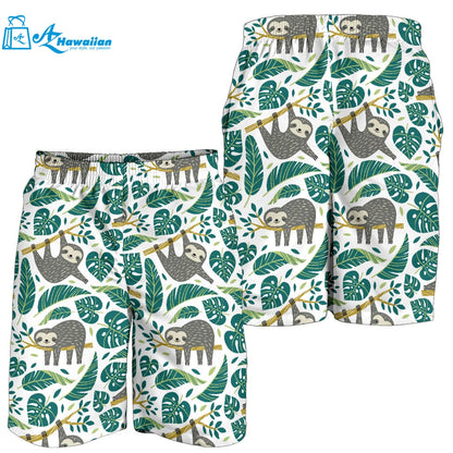 Cute Sloths Tropical Palm Leaves White Background Men Shorts