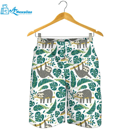 Cute Sloths Tropical Palm Leaves White Background Men Shorts