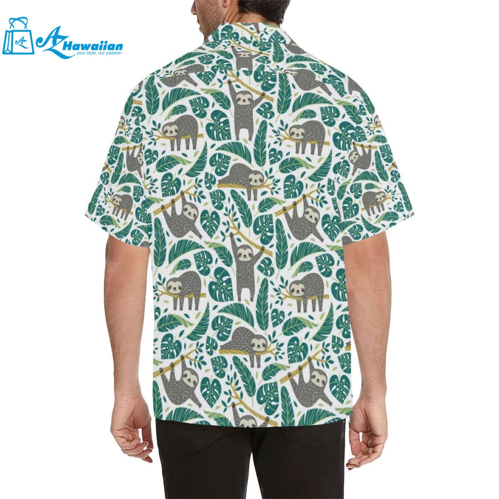 Cute Sloths Tropical Palm Leaves White Background Mens All Over Print Hawaiian Shirt