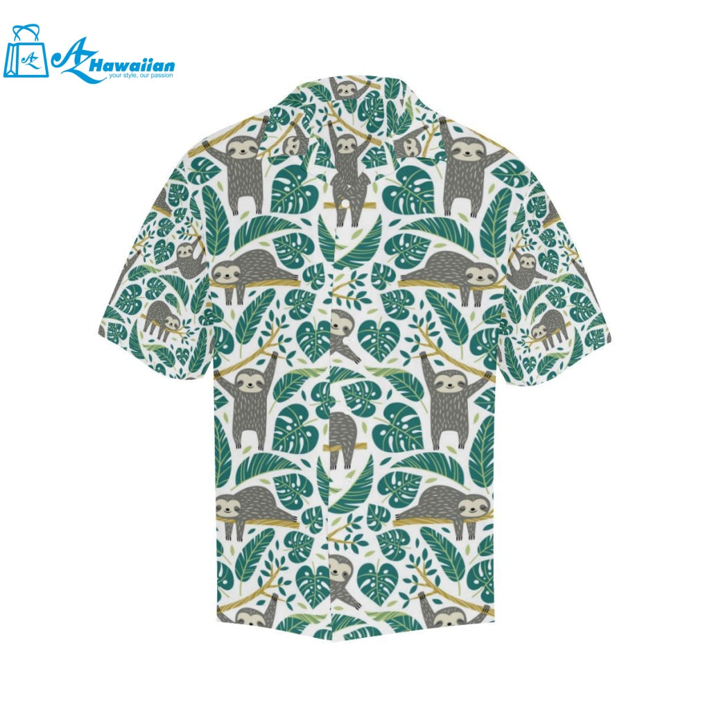 Cute Sloths Tropical Palm Leaves White Background Mens All Over Print Hawaiian Shirt