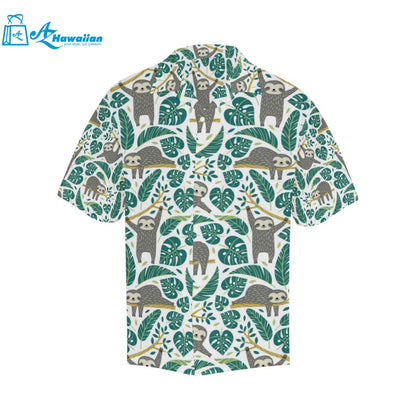 Cute Sloths Tropical Palm Leaves White Background Mens All Over Print Hawaiian Shirt