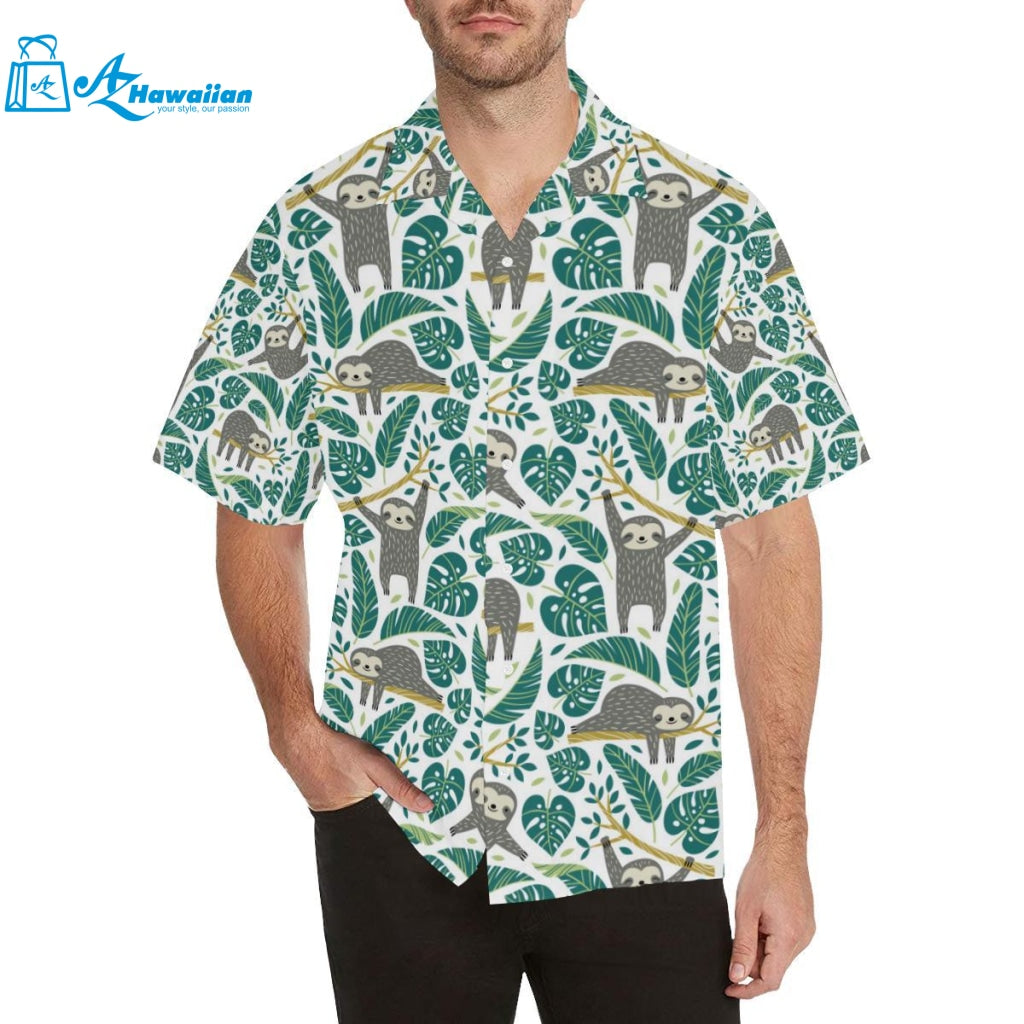 Cute Sloths Tropical Palm Leaves White Background Mens All Over Print Hawaiian Shirt