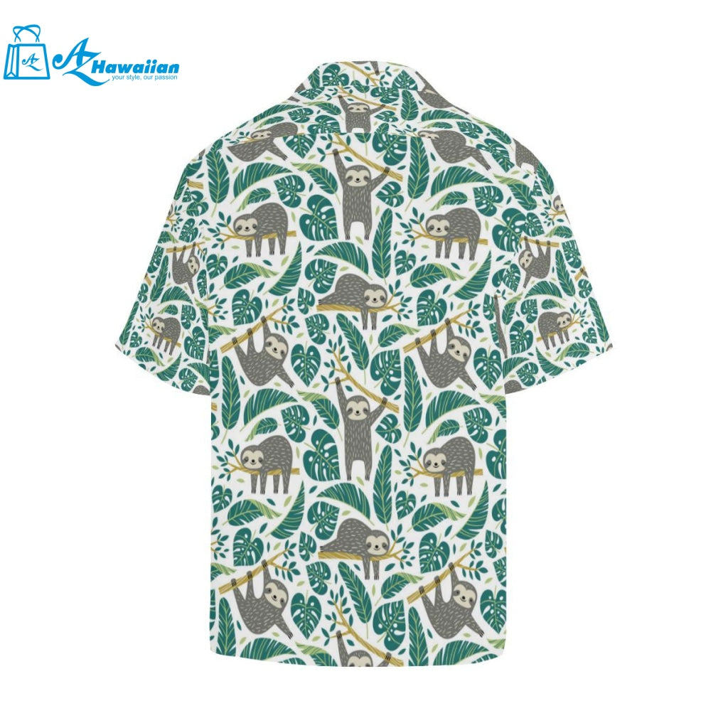 Cute Sloths Tropical Palm Leaves White Background Mens All Over Print Hawaiian Shirt