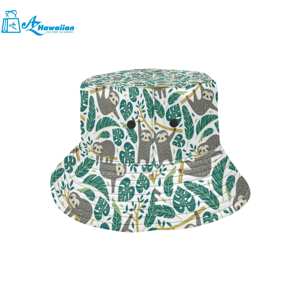 Cute sloths tropical palm leaves white background Unisex Bucket Hat