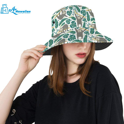 Cute sloths tropical palm leaves white background Unisex Bucket Hat