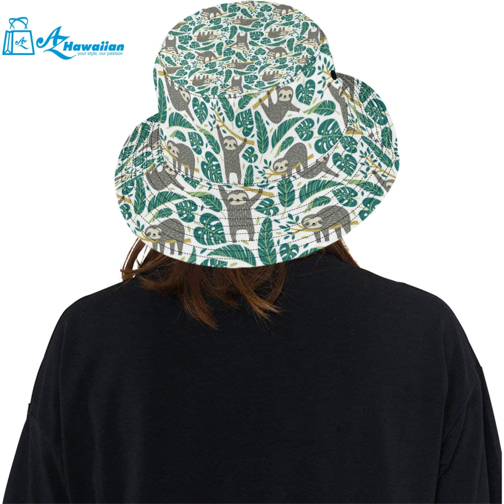 Cute sloths tropical palm leaves white background Unisex Bucket Hat