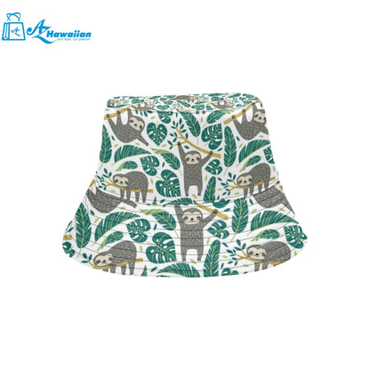 Cute sloths tropical palm leaves white background Unisex Bucket Hat