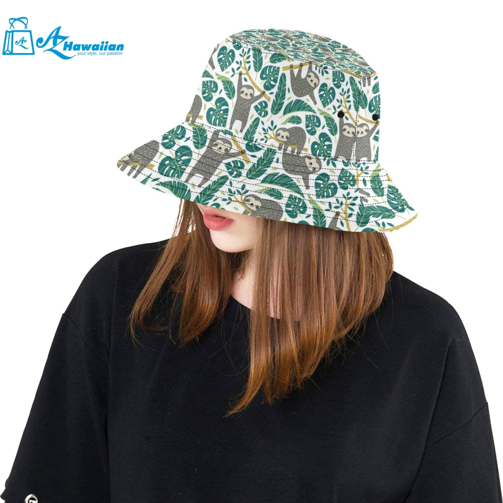 Cute sloths tropical palm leaves white background Unisex Bucket Hat