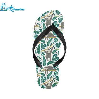 Cute sloths tropical palm leaves white background Unisex Flip Flops