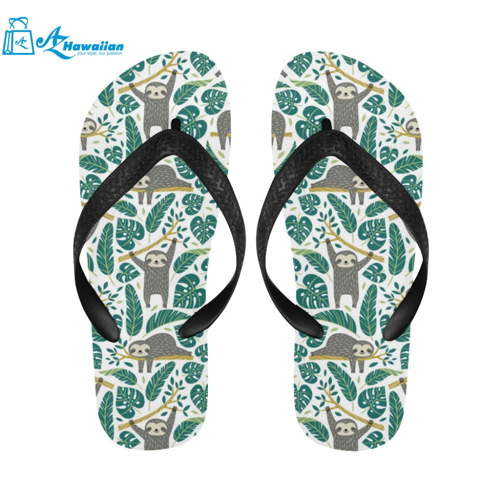 Cute sloths tropical palm leaves white background Unisex Flip Flops