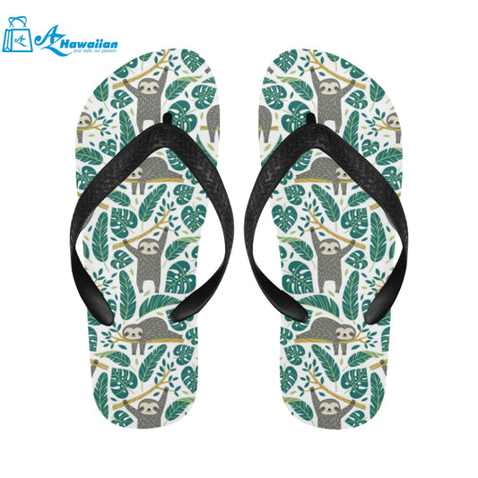 Cute sloths tropical palm leaves white background Unisex Flip Flops