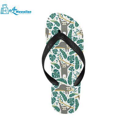 Cute sloths tropical palm leaves white background Unisex Flip Flops