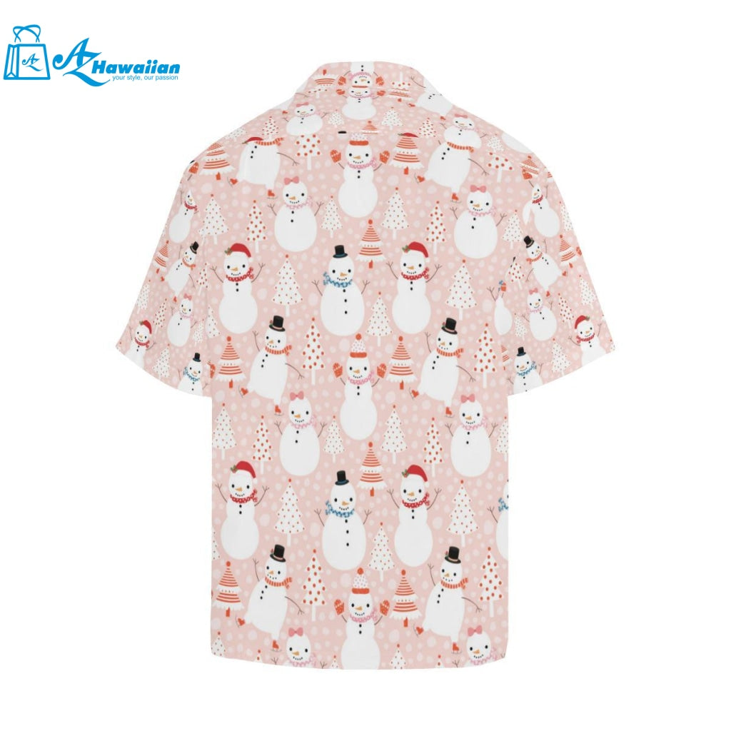 Cute Snowman Christmas Tree Snowpink Background Mens All Over Print Hawaiian Shirt