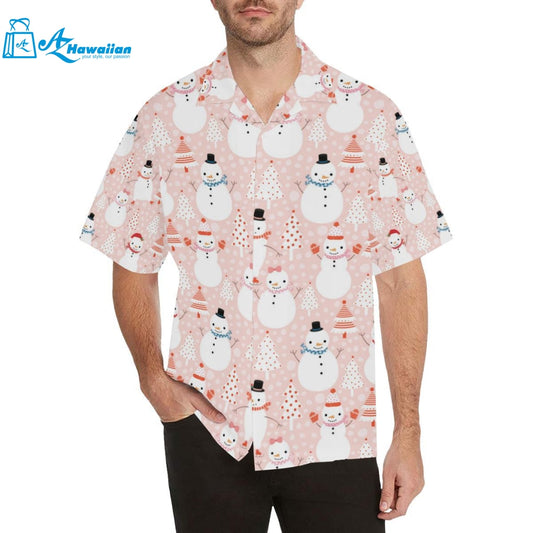 Cute Snowman Christmas Tree Snowpink Background Mens All Over Print Hawaiian Shirt